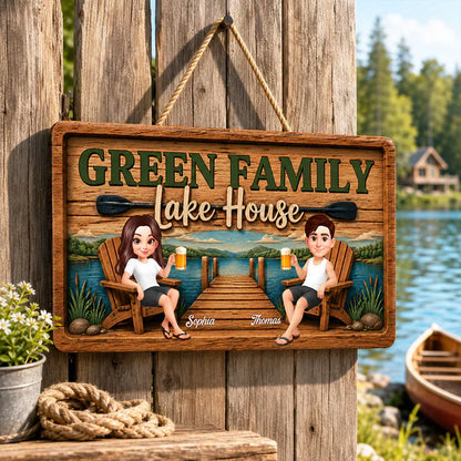 Personalized Wooden Sign, Seated Lake House Couple Illustration, Unique Gift For Family Retreat Decor
