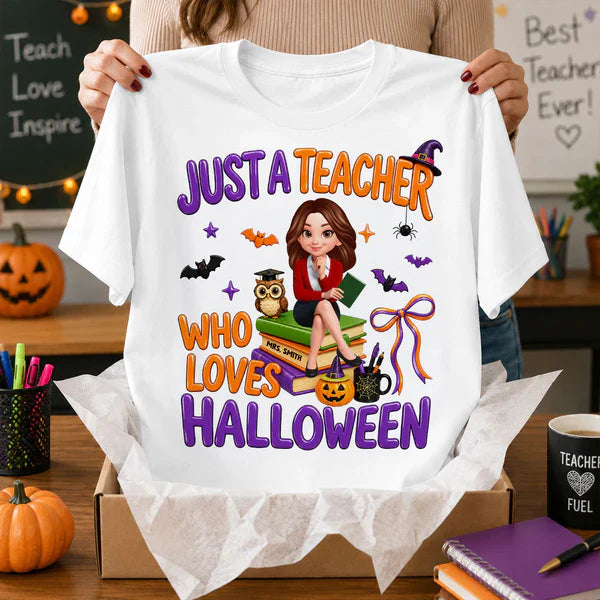 Personalized Classic Tee, Cartoon Teacher Sitting on Books, Unique Creative Halloween Gift for Teachers