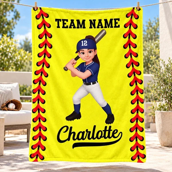 Personalized Fleece Blanket, Cartoon Baseball and Softball Player Holding a Bat, Unique Gift for Son or Daughter