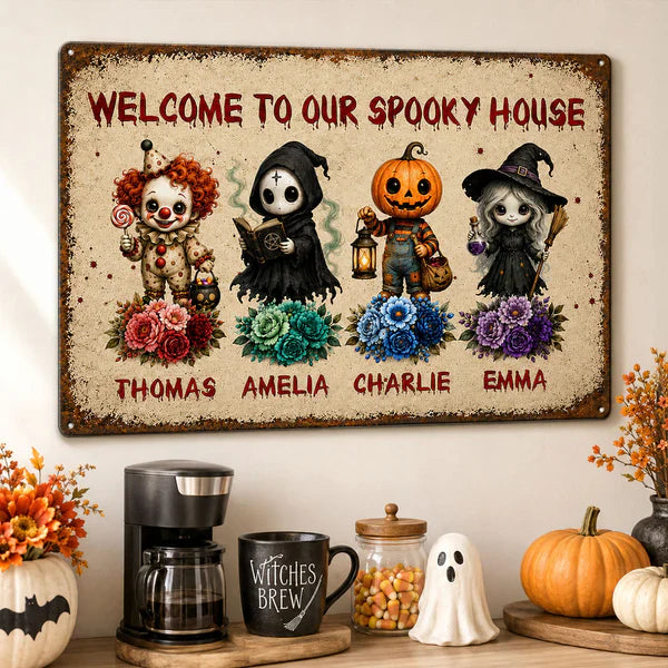 Personalized Rectangular Iron Sign, Welcome To Our Spooky House Halloween Porch Decor, Unique Family Gift