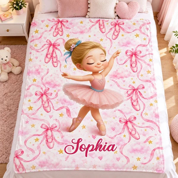 Personalized Fleece Blanket with Dancing Ballerina, Pink Watercolor Keepsake, Unique, Creative Gift for Daughter
