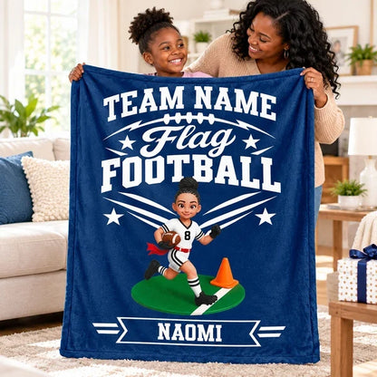 Personalized Flag Football Fleece Blanket, Running Player Design, Unique Gift for Young Athletes