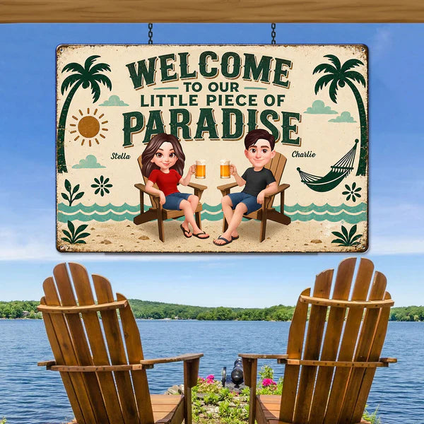 Personalized Rectangular Iron Sign, Seated Couple Pool Paradise Decor, Unique Gift for Couples