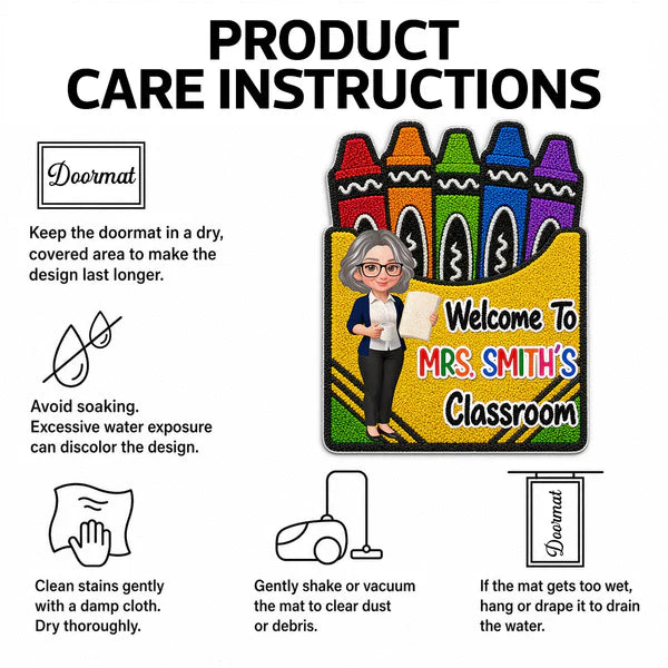 Personalized Shaped Doormat With Crayon Box Art, Cartoon Teacher Holding Notebook, Unique Teacher Gift