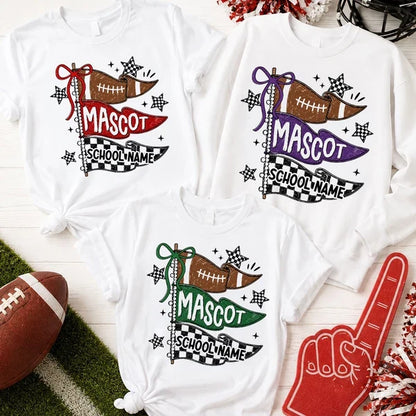 Custom Classic Tee with Red Football Pennants and Checkered Stars, Creative Game Day Gift for School Sports Fans
