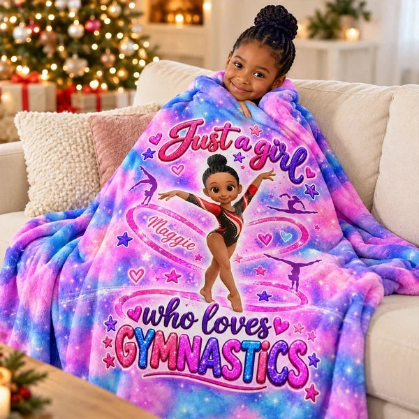 Personalized Fleece Blanket, Posing Cartoon Gymnast in Pink Galaxy Style, Unique Gift for Daughter