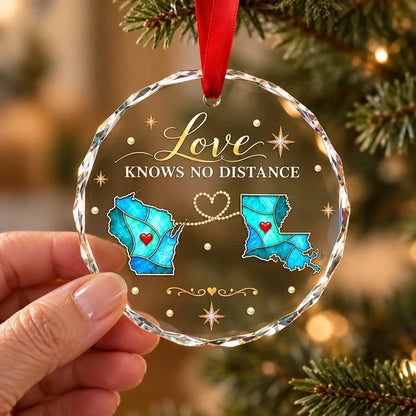 Personalized Crystal Ornament with Blue State Maps, Unique Christmas Tree Gift for Faraway Family & Friends