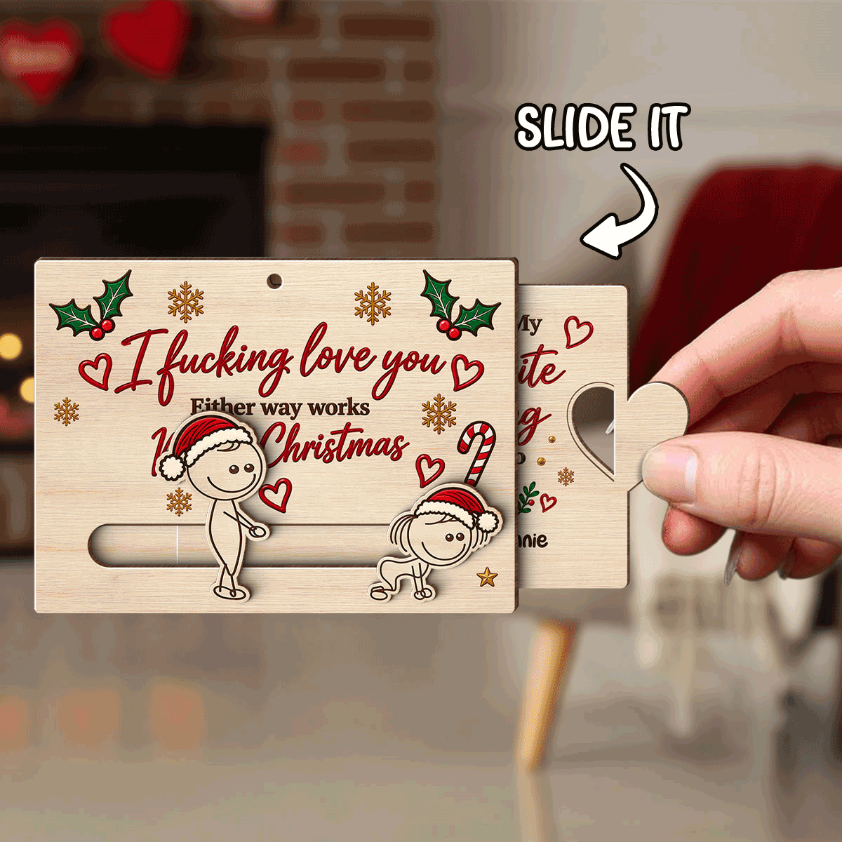 Personalized Wooden Sliding Ornament, Playfully Posing Cartoon Couple, Unique Christmas Gift for Partner