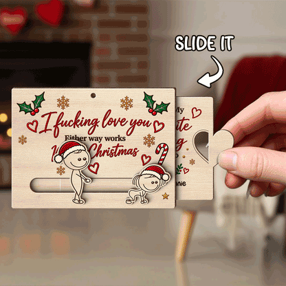 Personalized Wooden Sliding Ornament, Playfully Posing Cartoon Couple, Unique Christmas Gift for Partner