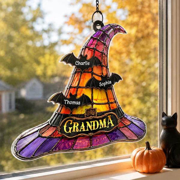 Personalized Acrylic Suncatcher Ornament, Grandma Witch Hat With Bats, Unique Halloween Gift