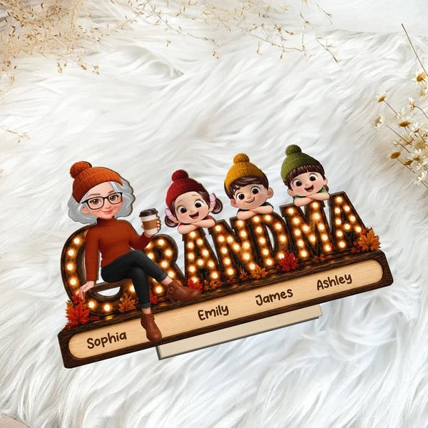Personalized Wooden Plaque, Grandma with Grandkids Leaning on Marquee Letters, Creative Heartfelt Gift for Grandma