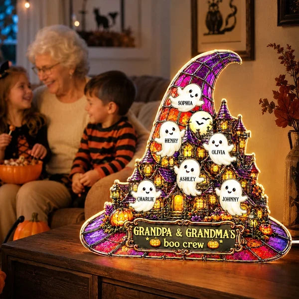 Personalized Acrylic Light Box, Cute Ghosts at a Haunted House, Unique Halloween Gift for Grandparents