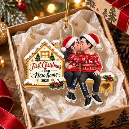 First Christmas Acrylic Ornament, Personalized Kissing Couple at Their New Home, Creative Romantic Gift