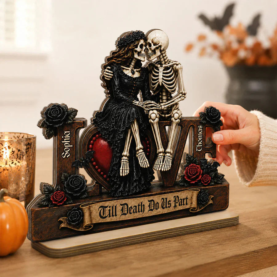 Personalized 2-Layer Wooden Plaque, Kissing Skeleton Couple, Unique Gothic Gift for Couples