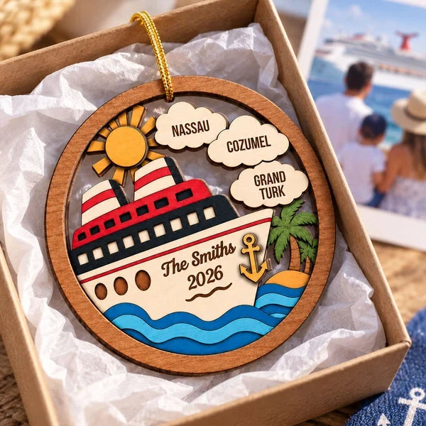 Personalized Family Cruise 2-Layer Wooden Ornament, Tropical Travel Memory, Creative Gift for Travelers
