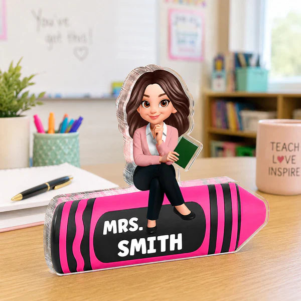 Shaped Acrylic Block Plaque For Teacher, Custom Cartoon Crayon Design, Creative Classroom Thank You Gift