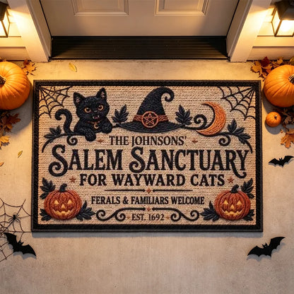 Personalized Standard Doormat with Seated Black Cat and Witch Hat, Unique Halloween Gift for Cat Lovers