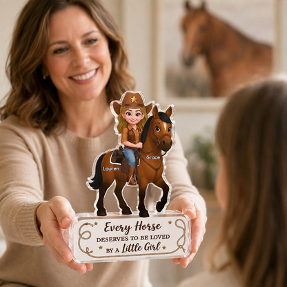 Personalized Shaped Acrylic Block Plaque, Cartoon Cowgirl Riding a Horse, Unique Gift for Horse Lovers