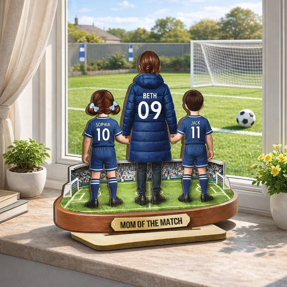 Personalized 2-Layer Wooden Plaque Mom of the Match Soccer Field Holding Hands Unique Gift for Soccer Mom