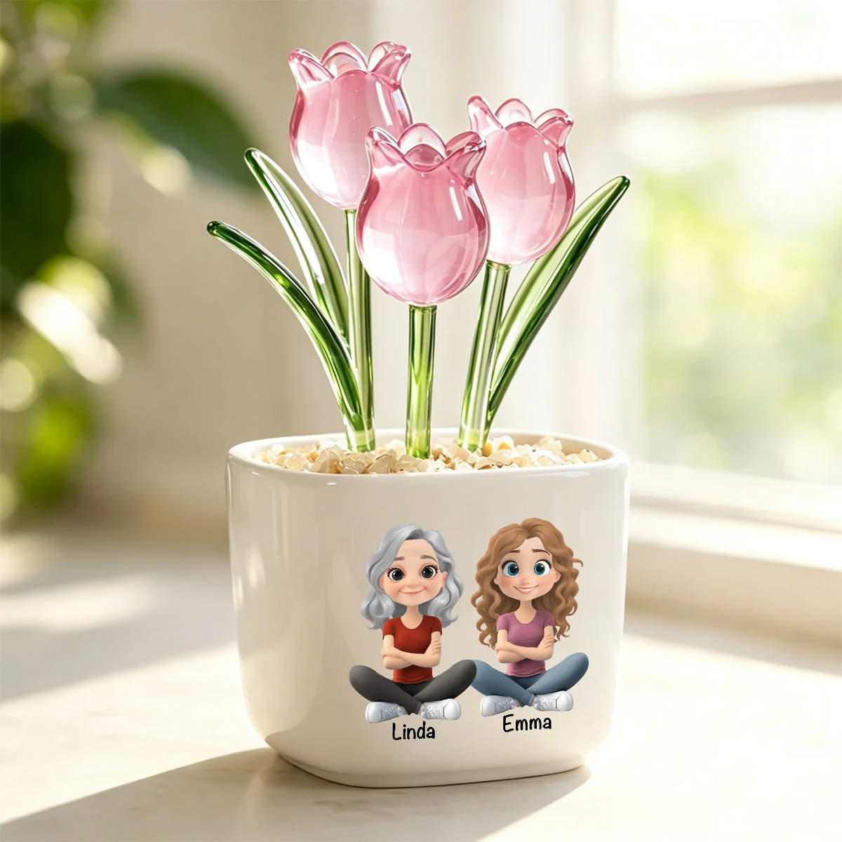 My Daughter Forever Square Glass Planter, Personalized Seated Mother and Daughter Art, Unique Creative Gift from Mom