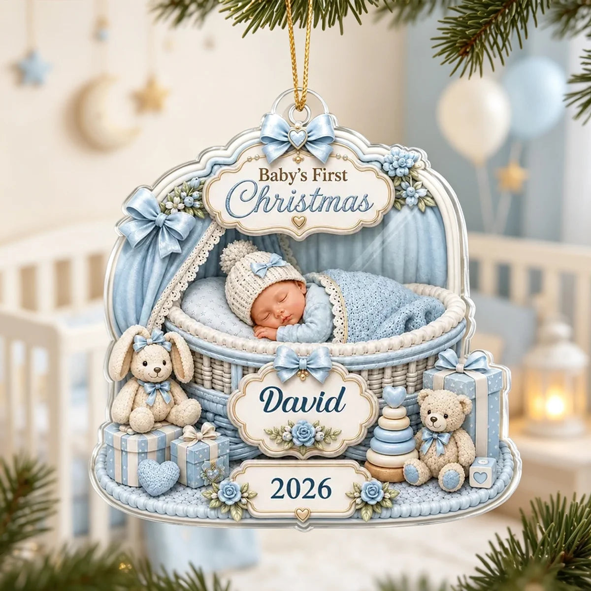 Baby's First Christmas Acrylic Ornament, Personalized Soft Blue Keepsake, Creative Gift for New Parents