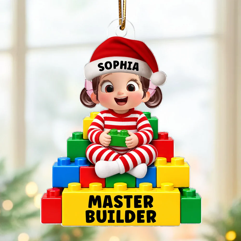 Personalized Acrylic Ornament, Little Master Builder by a Christmas Tree, Creative Gift for Son or Grandson