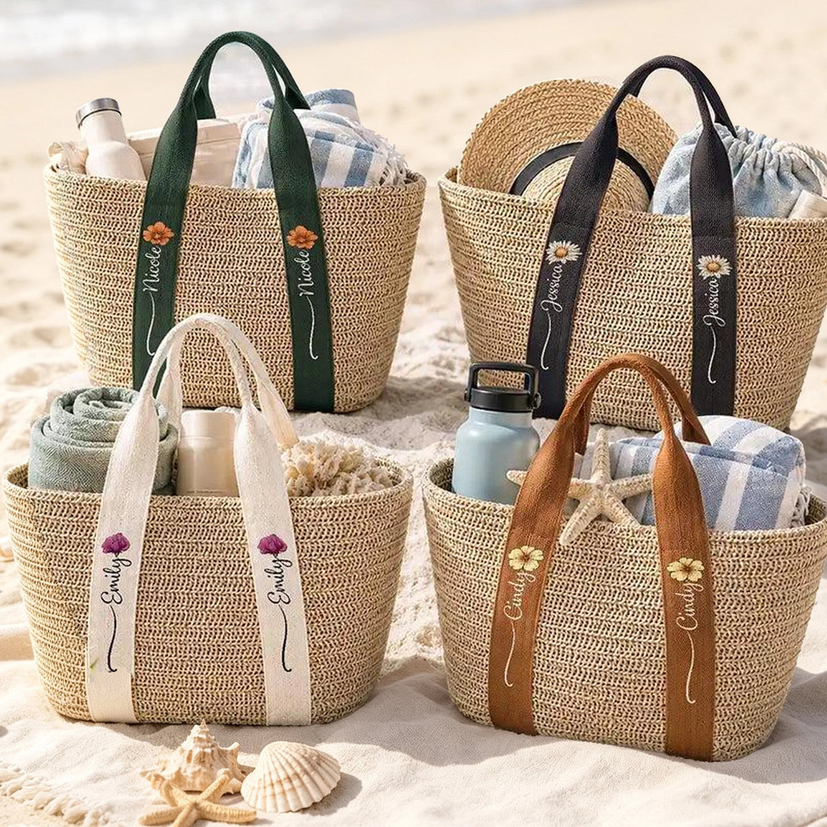 Custom Floral Straw Tote Bag for Beach Days, Creative Gift for Mom, Friend or Traveler