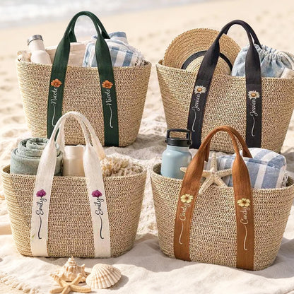 Custom Floral Straw Tote Bag for Beach Days, Creative Gift for Mom, Friend or Traveler