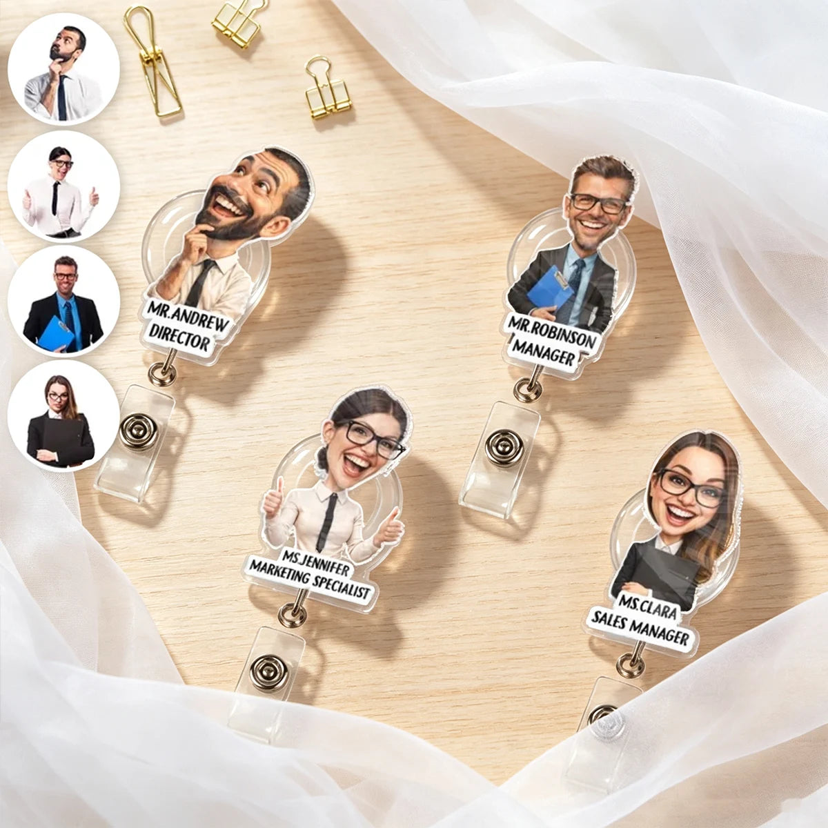Personalized Acrylic Badge Reel with Smiling Office Character, Creative Gift for Coworkers
