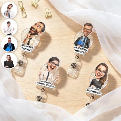 Personalized Acrylic Badge Reel with Smiling Office Character, Creative Gift for Coworkers