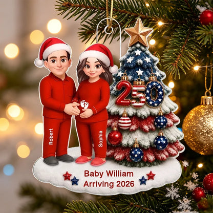 Personalized Acrylic Ornament, Expecting Couple Holding Baby Bump by Christmas Tree, Unique Gift for Parents