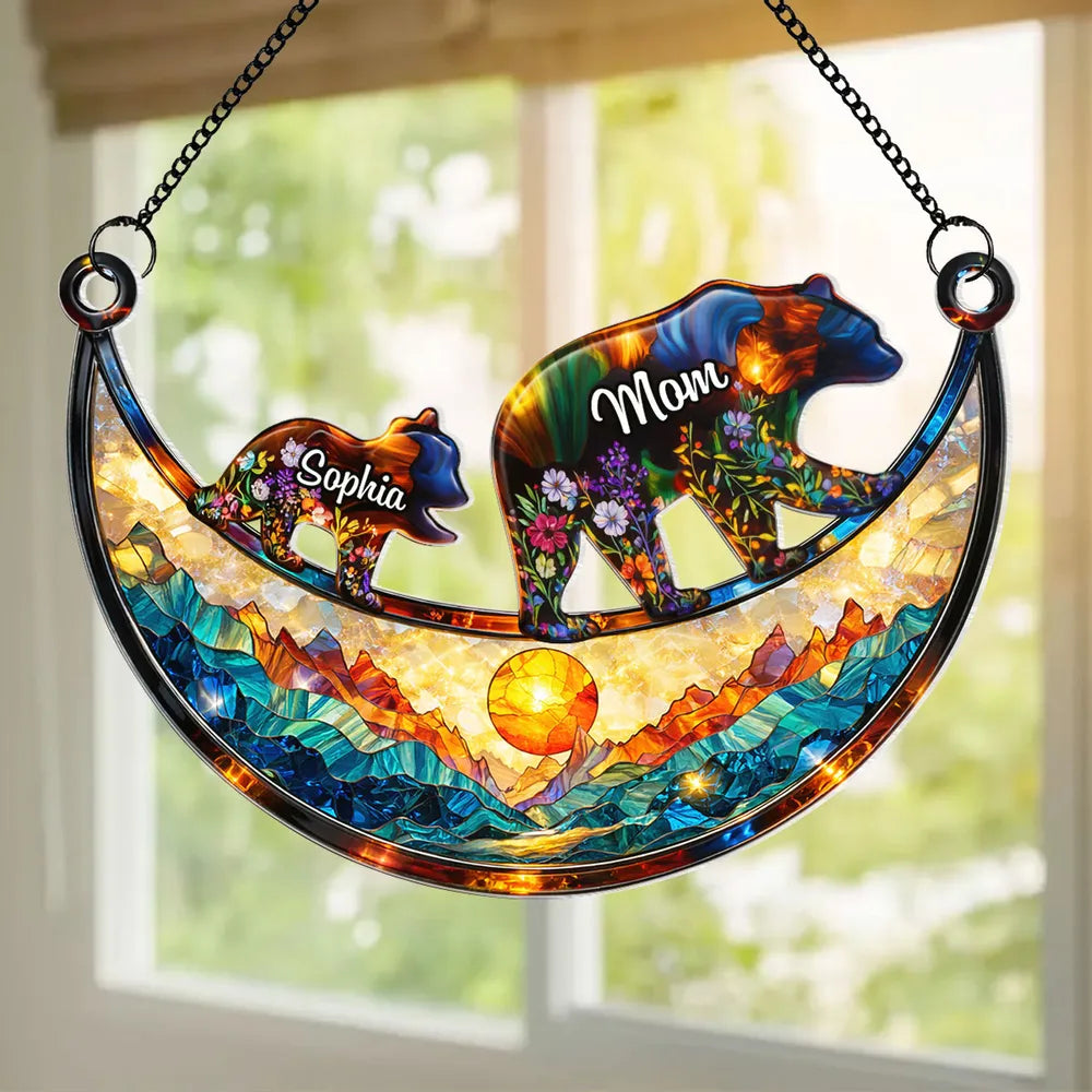 Personalized Mama Bear Acrylic Suncatcher Ornament, Colorful Stained Glass Style Window Decor, Unique Gift for Mom