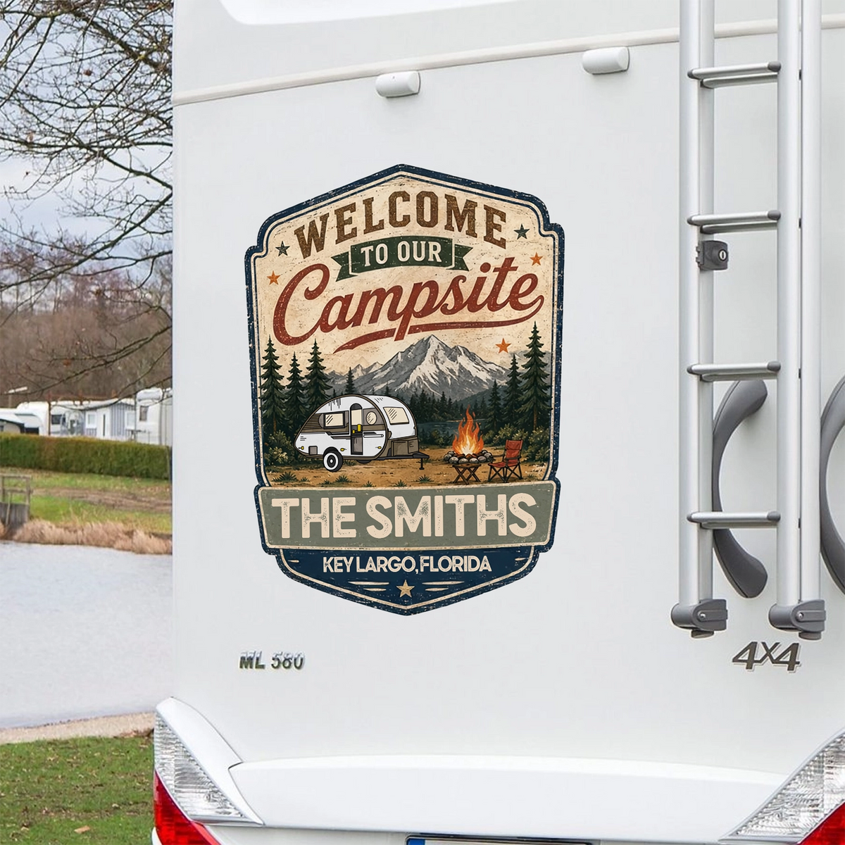 Personalized RV Sticker Decal, Vintage Campsite Camper Design, Unique Creative Gift for Campers