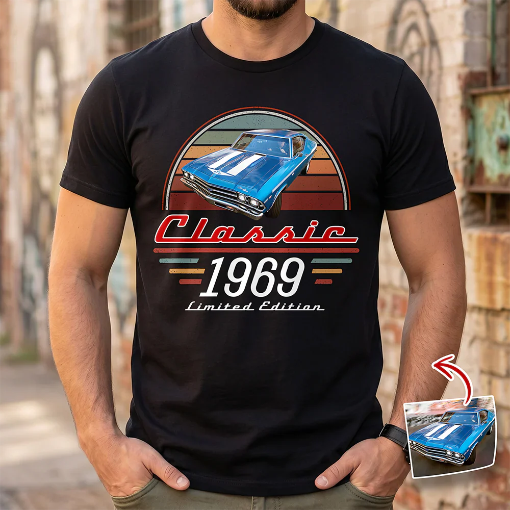 Personalized Classic Tee With Custom Car Photo & Retro Stripes, Unique Gift For Dad Grandpa Husband