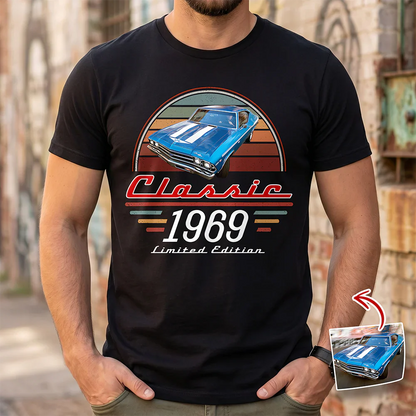 Personalized Classic Tee With Custom Car Photo & Retro Stripes, Unique Gift For Dad Grandpa Husband