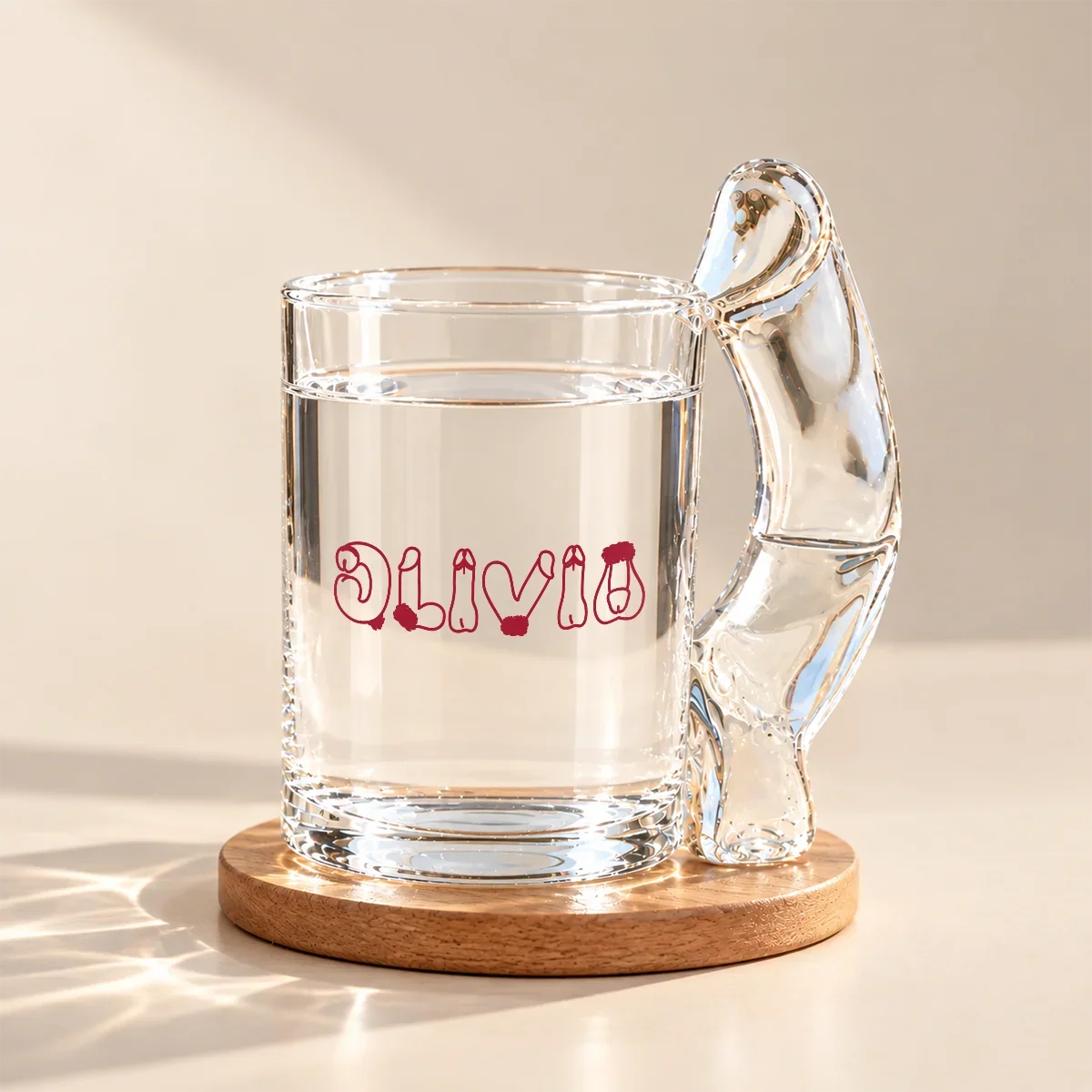 Personalized Curved Handle Glass Mug with Festive Lettering, Unique Gift for Coworker