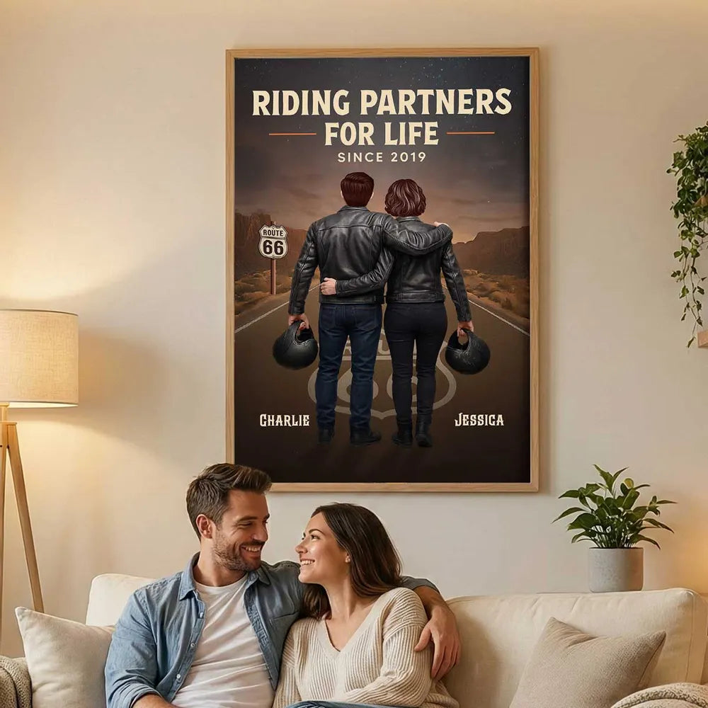 Personalized Biker Couple Poster, Riding Partners for Life Road Scene Wall Art, Unique Gift for Him & Her