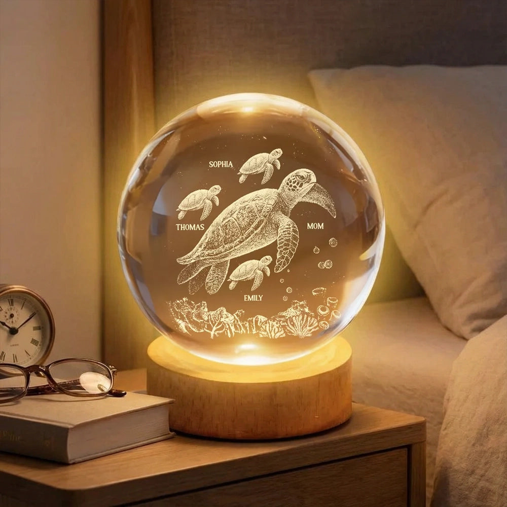 Sea Turtle Family Globe Lamp Night Light, Personalized Keepsake Gift for Mom, Soft Warm Light for Cozy Bedside Moments
