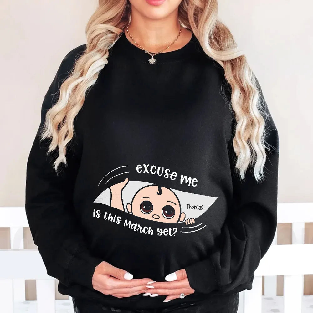 Personalized Pregnancy Announcement Classic Tee with Cute Baby Peek Design for Expecting Parents, Unique Funny Gift