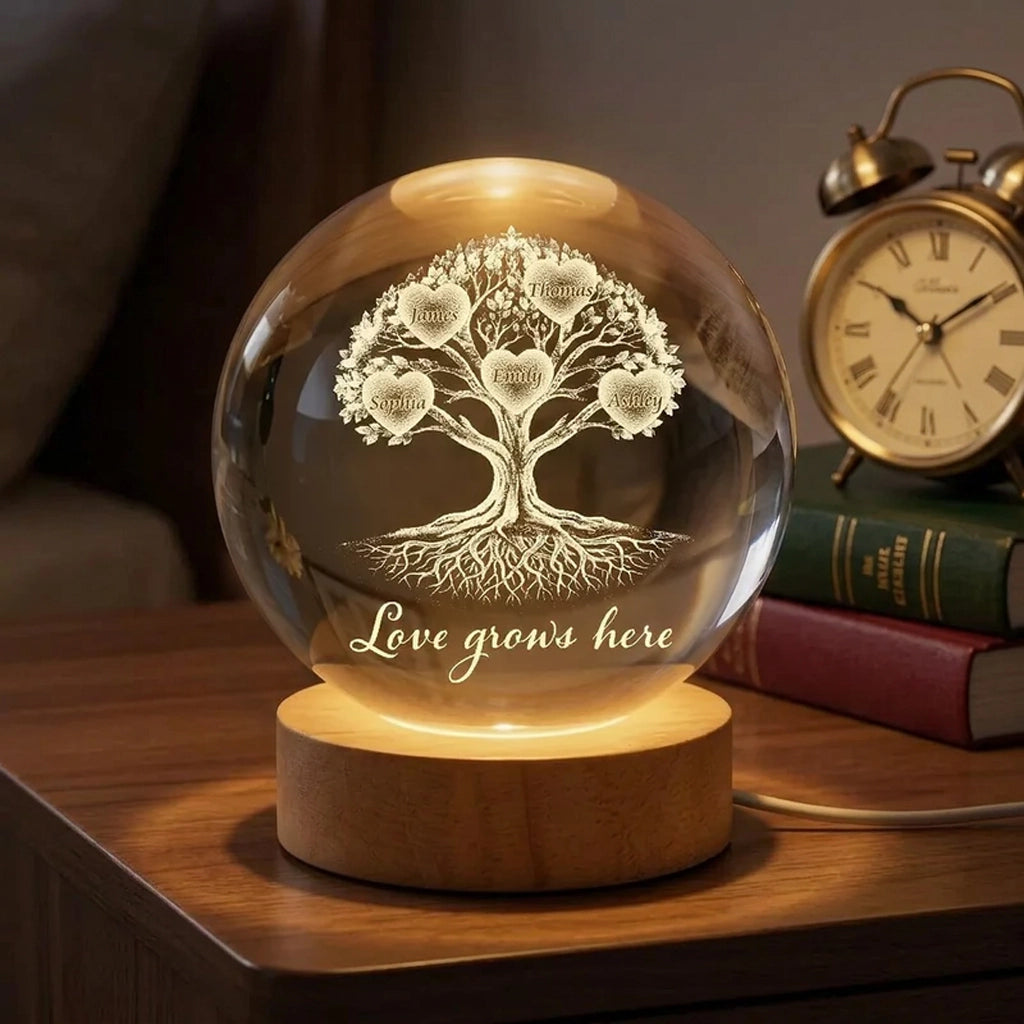 Personalized Globe Lamp with Heart Tree of Life and Love Grows Here, Unique Gift for Grandma and Family