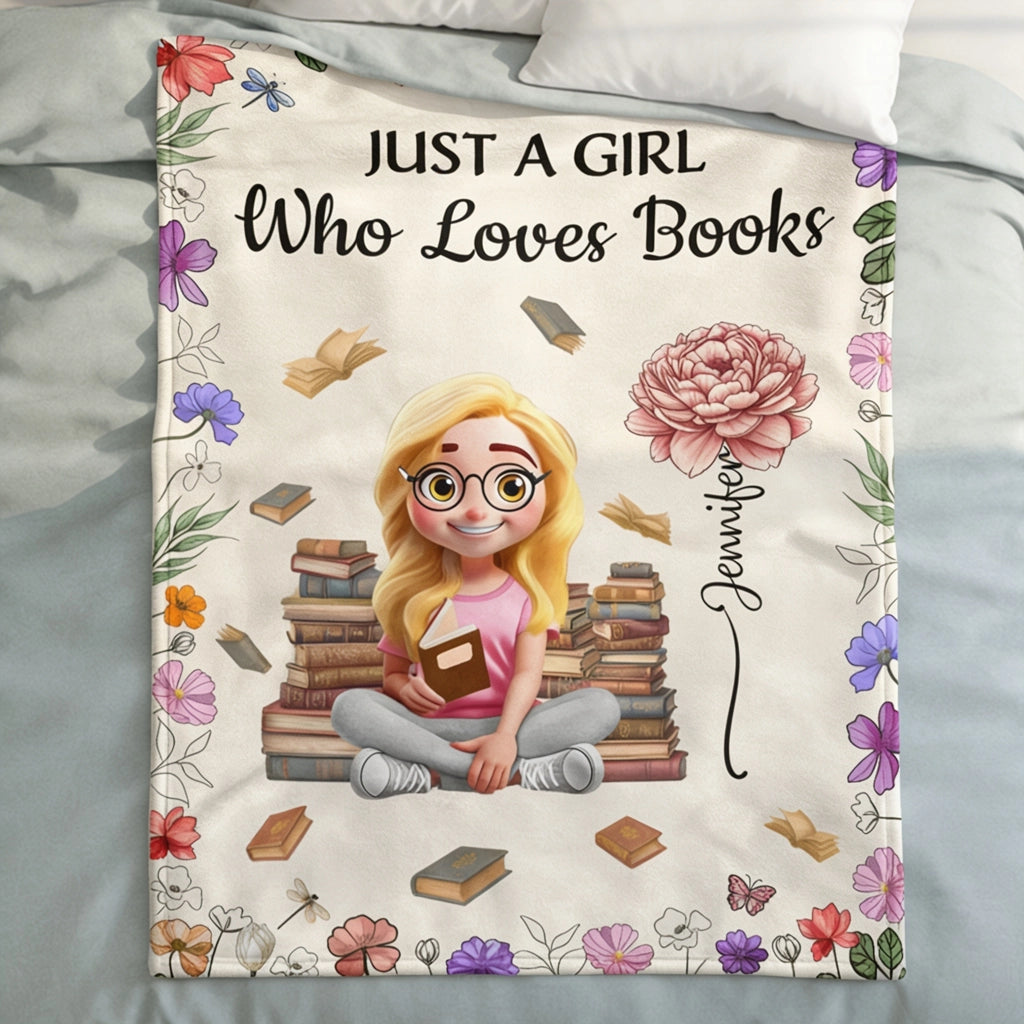 Personalized Fleece Blanket With Reading Girl & Flowers, Unique Creative Gift for Book Lovers