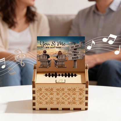 You & Me Beach Sunset Couple Wooden Music Box, Personalized Keepsake Gift for Couples to Remember Your Favorite Moment