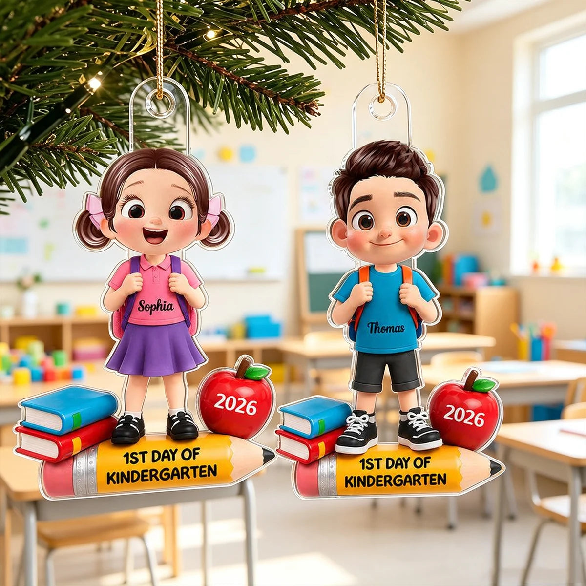 Personalized Acrylic Ornament, Colorful Cartoon Child Wearing Backpack in Classroom, Unique Kindergarten Gift