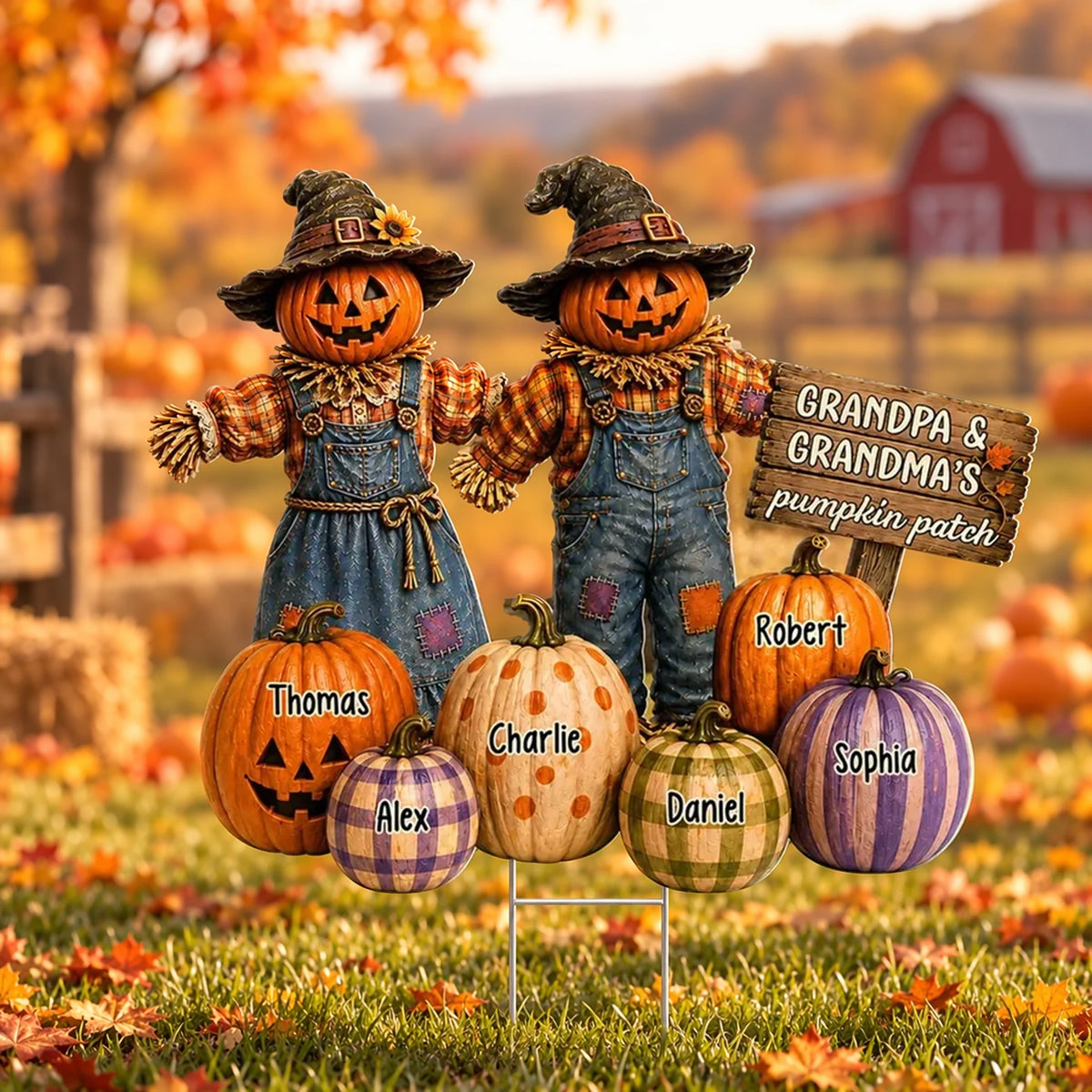 Personalized Shaped Yard Sign, Holding-Hands Pumpkin Scarecrows in Warm Fall Colors, Creative Gift for Grandparents