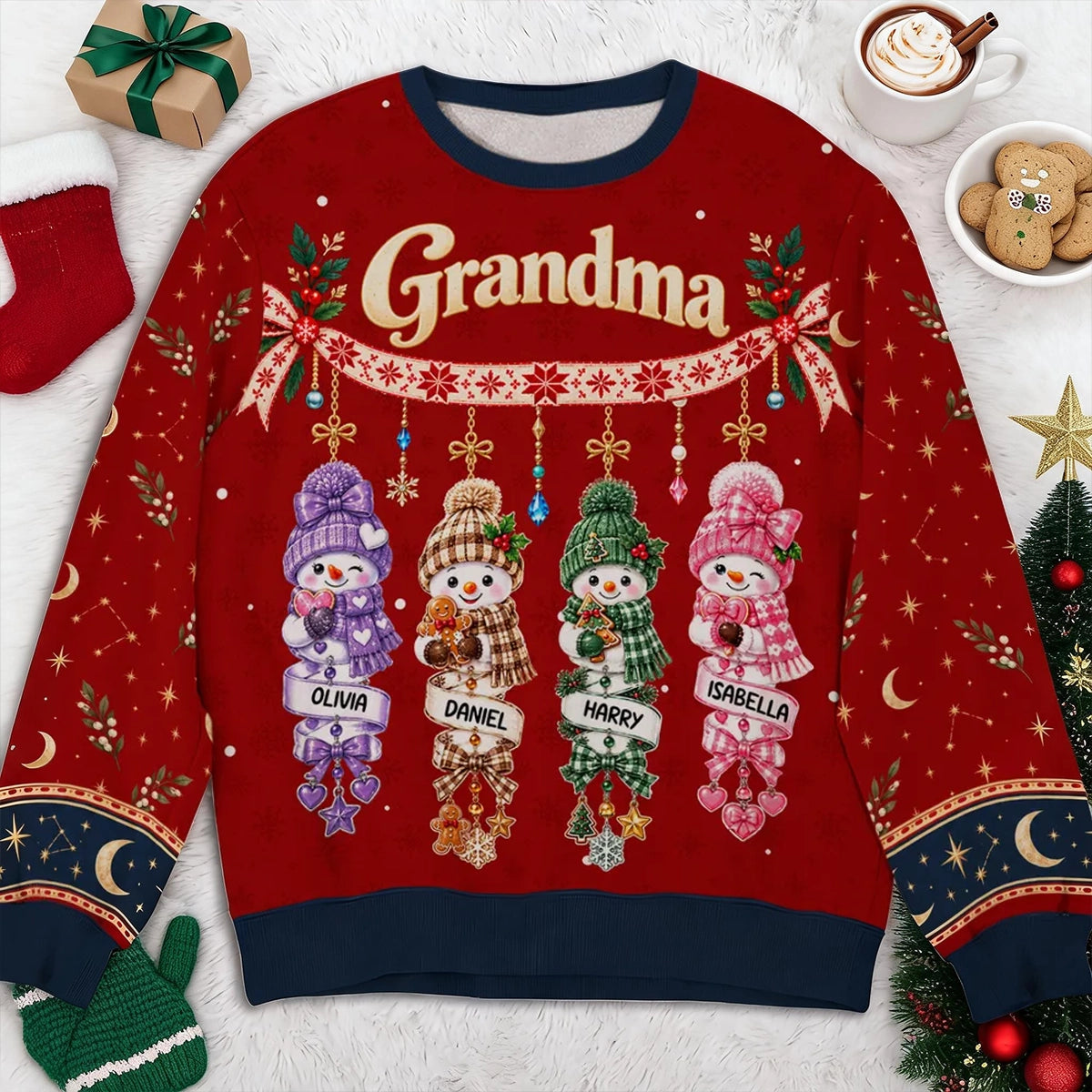 Grandma Printed Sweatshirt, Personalized Snowman Family in Festive Red, Creative Christmas Gift from Grandkids