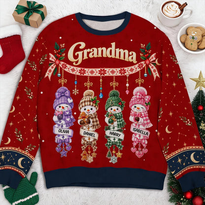 Grandma Printed Sweatshirt, Personalized Snowman Family in Festive Red, Creative Christmas Gift from Grandkids