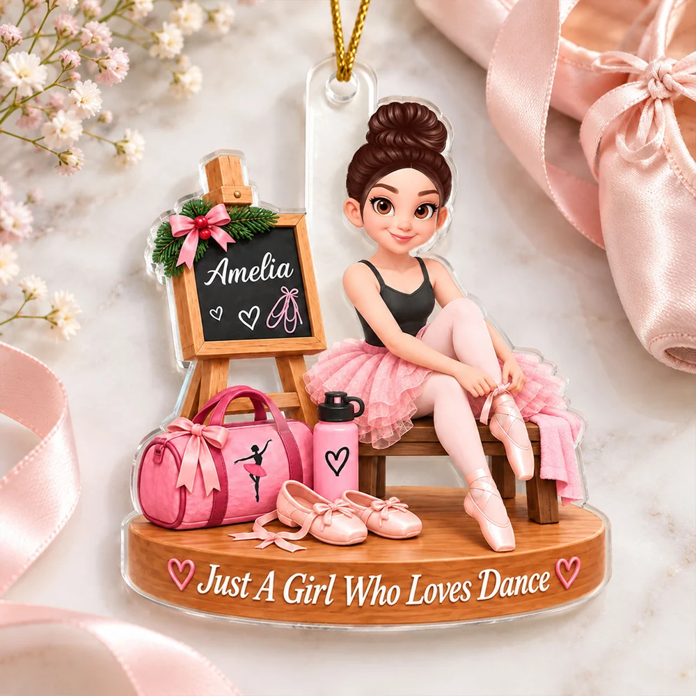 Personalized Acrylic Ornament, Pink Cartoon Ballerina Tying Pointe Shoe, Unique Christmas Gift for Daughter