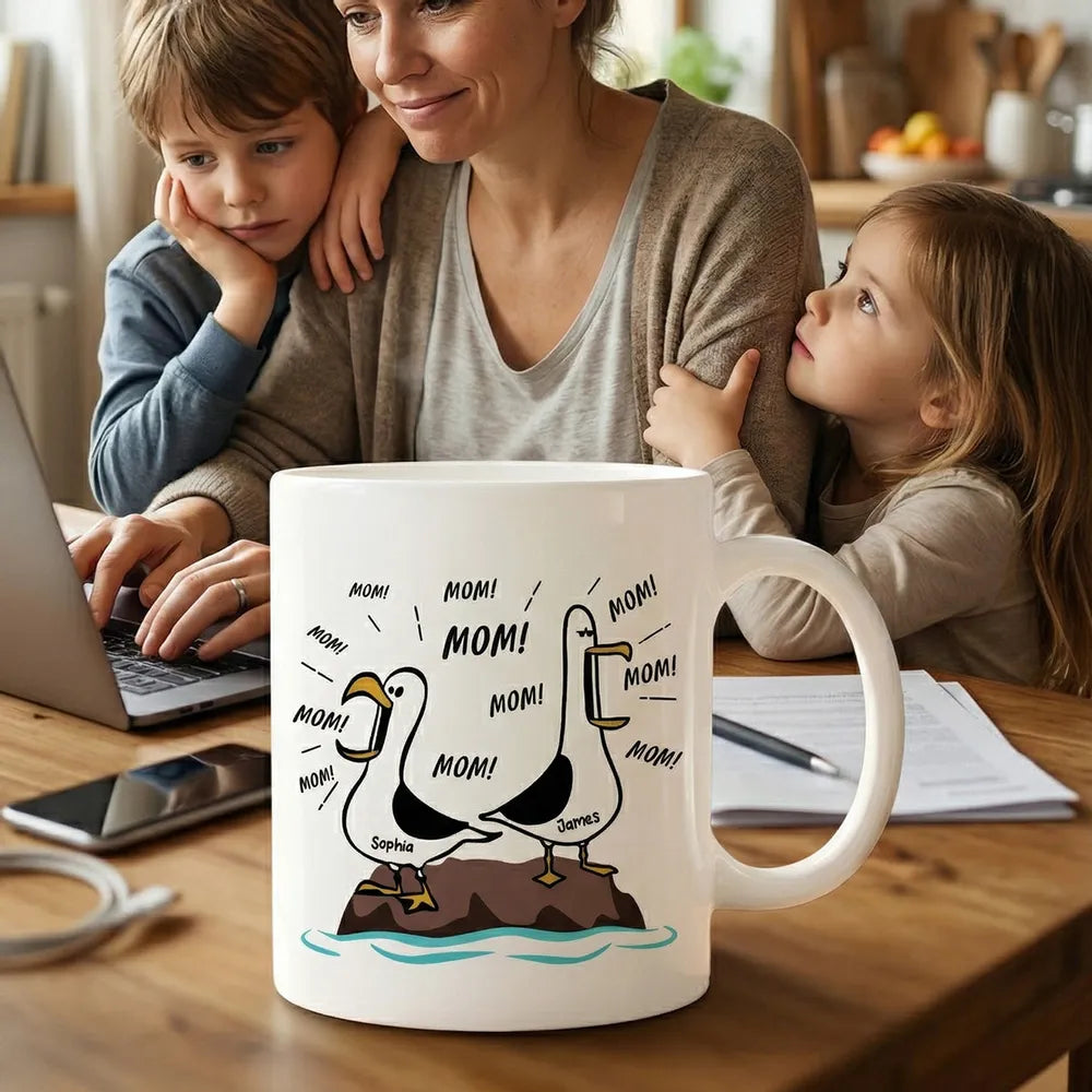 Mom Mom Mom Seagull Cartoon Ceramic Mug, Personalized Name Funny Daily Coffee and Tea Mug, Unique Gift for Mom