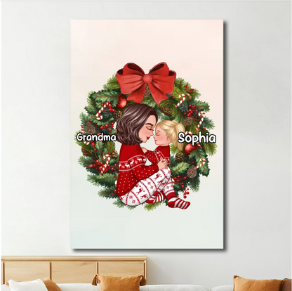 Grandma Mom Hugging Kid Sitting On Christmas Wreath Personalized Piggy Bank or Ornament or Plaque or Keychain or Poster