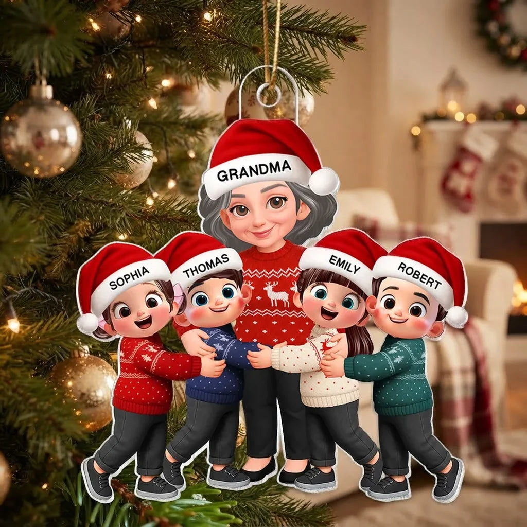 Personalized Acrylic Ornament, Cartoon Grandma Hugging Grandkids, Red Christmas Decor, Unique Gift for Grandma